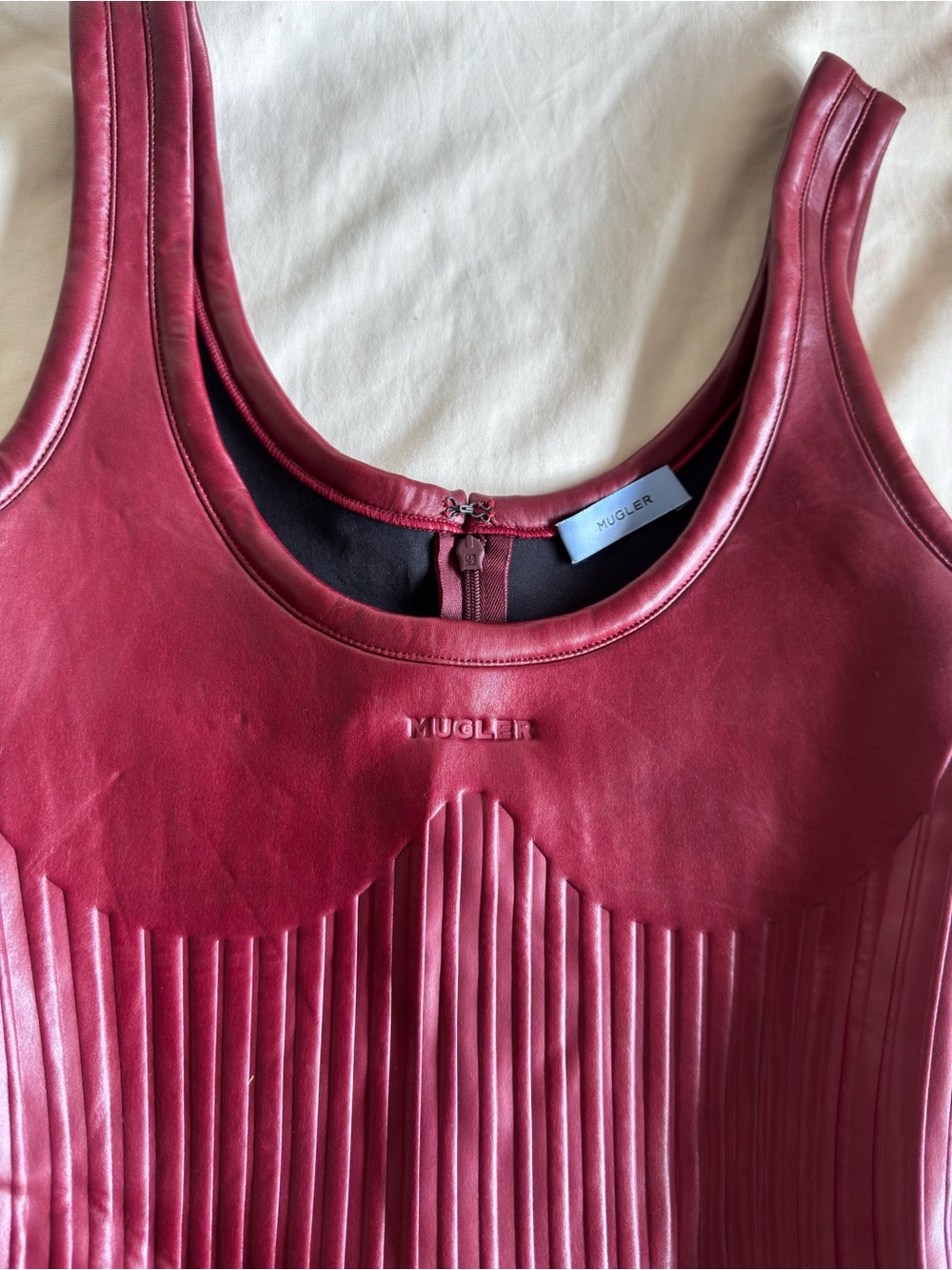 Mugler Cherry / Ruby Burgundy Red Sculpted Faux-Leather Bodysuit